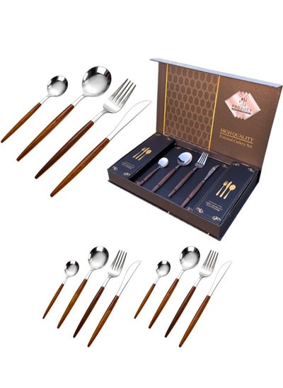 Buy Luxury Silver Cutlery Set with Wooden Handles – 12-Piece Stainless Steel Flatware (3 Complete Place Settings: Knife, Fork, Spoon, Teaspoon) for Elegant Dining & Special Occasions in UAE