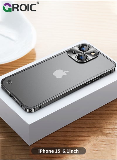 Buy Metal Frame Black Case for iPhone 15, Ultra Slim Frosted PC Matte Back with Lanyard Holes Lock Type Military Aluminum Alloy Bumper in UAE