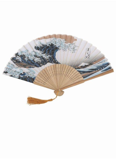 اشتري Folding Hand Held Fan Elegant Janpanese Style Painted Waves Retro Bamboo Folding Fan Home Office Decoration Handmade Landscape Silk Folding Fan Kanagawa Fan for Women Girls Dance Performance في السعودية