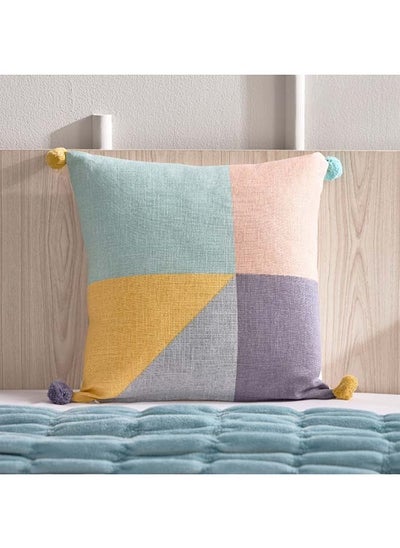 Buy Playland Colourblock Printed Cotton Filled Cushion with Pom Pom 40 x 40 cm in Saudi Arabia