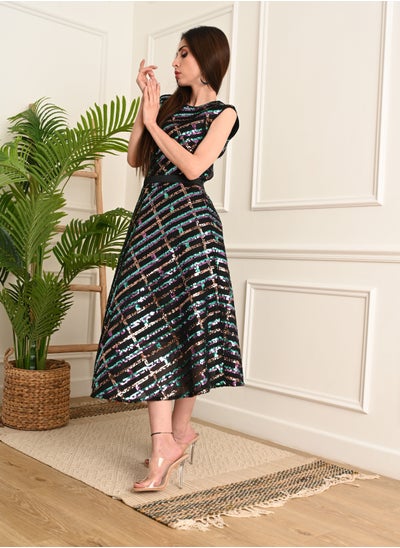 Buy Elegant dress decorated with sequins and a belt at the waist, multicolor in Saudi Arabia