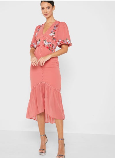 Buy Embroidered Button Detail Dress in Saudi Arabia