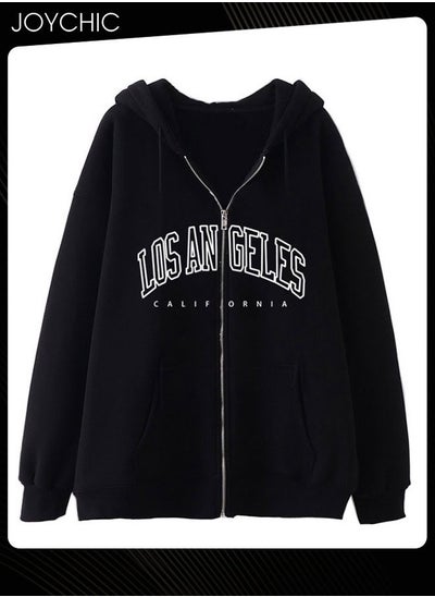 اشتري Long Sleeve Zipper Pullover Hoodie Trendy Letter Pattern Autumn and Winter Warm Outwear for Women Black في الامارات