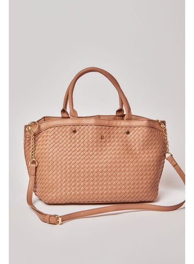 Buy Elegant Logo Embellished Basket Weave Faux Leather Top Handle Bag in Egypt