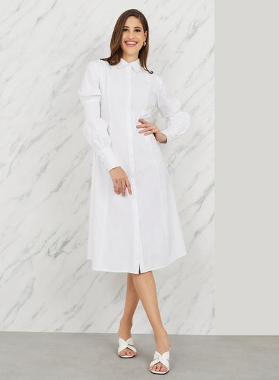 Buy Smocked Detail Sleeves A-Line Midi Shirt Dress in Saudi Arabia