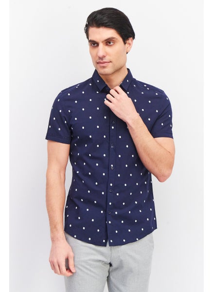 Buy Men Slim Fit Allover Print Short Sleeves Casual Shirt, Blue in UAE