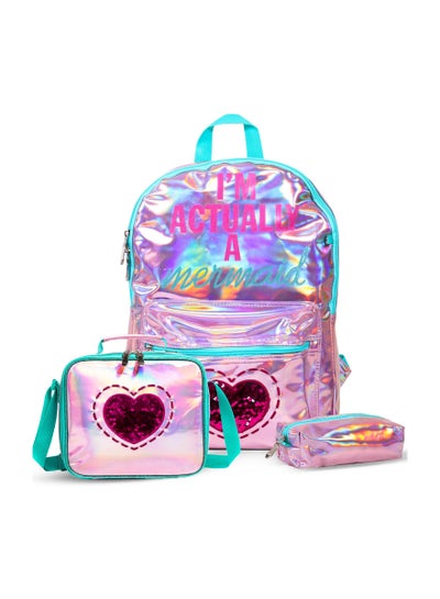 اشتري Eazy Kids-17" School Bag Lunch Bag Pencil Case Set of 3 Mermaid Love-Pink في الامارات
