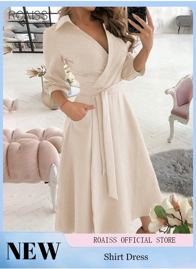 Buy Women's Lapel Shirt Dress Classic V Neck Fashion 3/4 Sleeve Side Pockets With Lace Up Waist for Versatility Dress in UAE