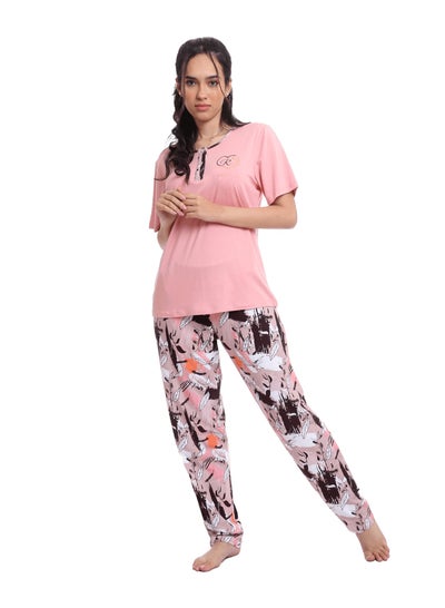 Buy Red Cotton-   Women's  summer pajamas Printed T-shirt and pants-kashmir in Egypt
