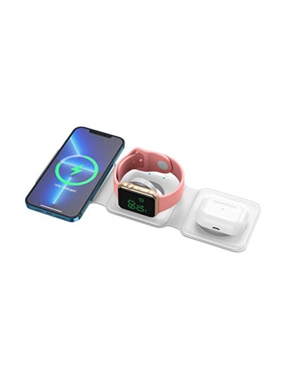 Buy 3 in 1 Wireless Charger, Foldable Chargers, Fast Magnetic Charging Pad Compatible with iPhone 14/13/12/11/Galaxy/Air Pods Pro/iWatch - White in UAE