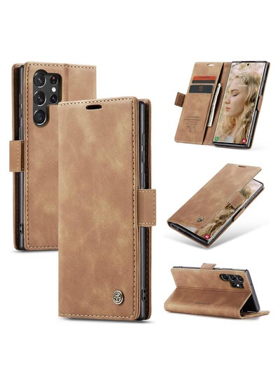 اشتري CaseMe for Samsung Galaxy S23 Ultra Wallet Case,Soft PU Leather Flip Case Magnetic Stand Flip Protective Cover Leather Case with ID & Credit Card Slots Holder Case for Galaxy S23 Ultra (Brown) في الامارات