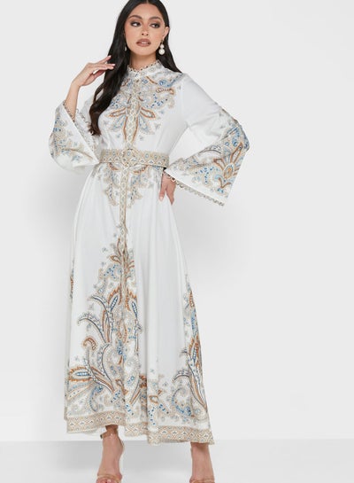 Buy Bell Sleeve Printed Belted Dress in Saudi Arabia