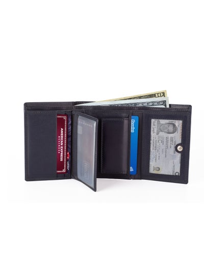 Buy Trifold Wallet for Men 100% Leather RFID Protection with ID Window ,Coin Pocket Blue in UAE