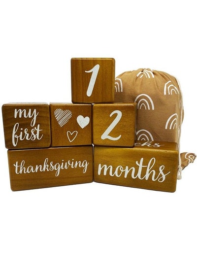 Buy Baby Milestone Blocks Natural Brown Stain Pine Wood With Weeks Months Years Grade And Holidays Newborn Weekly Monthly First Year Picture Props 6 Block Milestones Age Set With Bag in Saudi Arabia