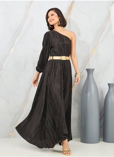 Buy Plisse One Shoulder Neck Belted A-Line Maxi Dress in Saudi Arabia