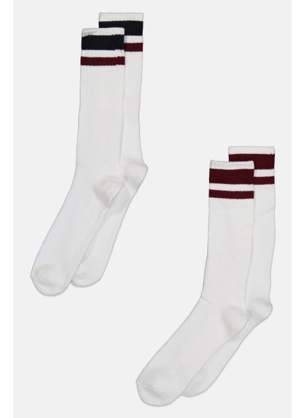 اشتري Men 2 Pairs Crew Heritage Stripe Socks, White/Maroon/Black في السعودية