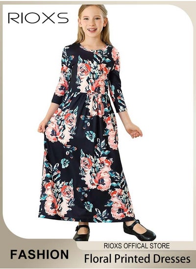 Buy Toddler Girls Long Sleeve Maxi Dress Round Neck Floral Printed Dresses Casual Loose Long Dress With Pockets in UAE