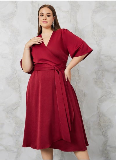 Buy Satin Wrap Midi Dress with Tie Waist in Saudi Arabia