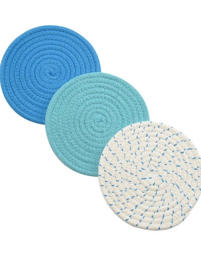 Buy Pot Holders Set Trivets Set 100% Pure Cotton Thread Weave Hot Pot Holders Set (Set of 3) Stylish Coasters, Hot Pads, Hot Mats, Spoon Rest for Cooking and Baking by Diameter 7 Inches (Blue) in Saudi Arabia