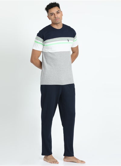 Buy Men's Cotton Pyjama Sets with Round Neck T-shirt in Grey and Black long pants in UAE