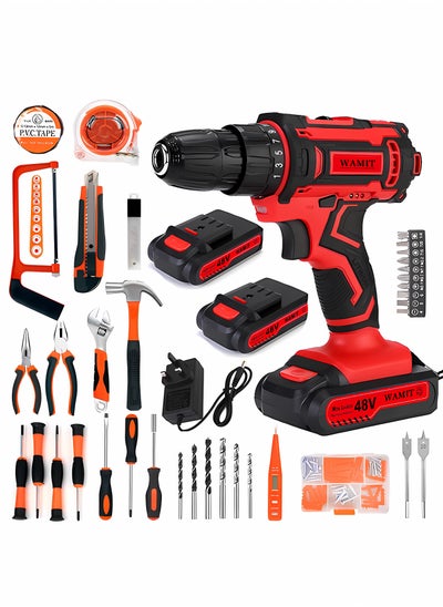 Buy 48V Cordless Drill Set, 128PCS Electric Drill Tool Kit with 3/8" Keyless Chuck of Metal & 18+2 Clutch with Impact, Max Torque 40Nm, 2-Variable Speed, Professional Household Home Tool Kit Set in Saudi Arabia