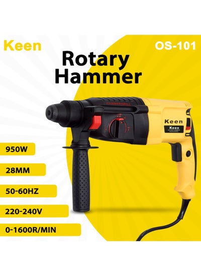 Buy Rotary Hammer Drill with 9 pcs accessories KEEN 950 WATT  28mm  for Wall , Steel, Aluminium works, 950W / 220-240V / 50-60Hz / 1600rpm - min / 28 mm -  Yellow Color , Model : OS-101 in Saudi Arabia