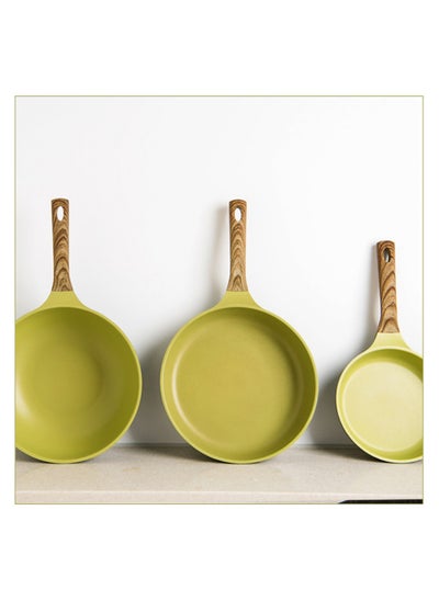 Buy FOUR SEASONS Olive Green Wood  Wok Pan 24cm, Suitable for induction & all stoves, Ultra Non-stick with added Durability, 100% Safe PFOA Free, Super Megastone Coating, Made in Korea in UAE