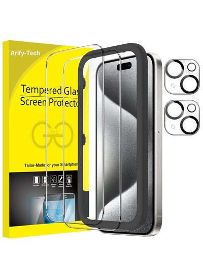 Buy Full Coverage Screen Protector for iPhone 15 Pro 6.1-Inch with Camera Lens Protector, Tempered Glass Film, HD Clear, 2-Pack Each in UAE