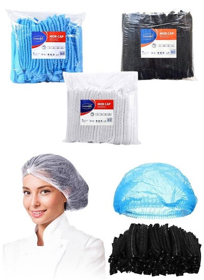 Buy 300 Pieces Disposable Shower Caps Non Woven Mob Hair Net 19 Inch Black White and Blue Trio in UAE