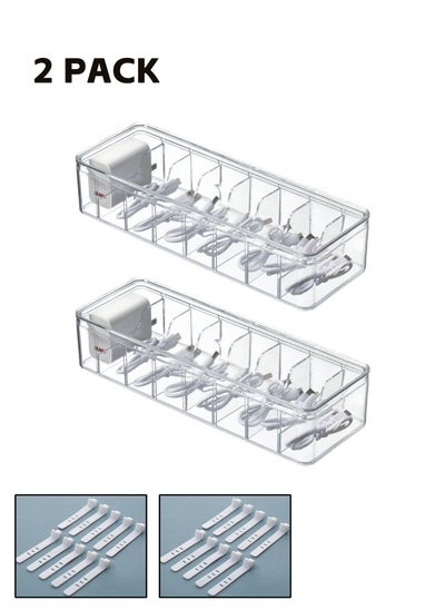 Buy 2 Pieces Charger Cable Organizer Storage Box, Clear Data Cable Cord Case with Lid, 8 Compartments Grids, Home Office Desk Transparent Electronics Cable Holder with 20PCS Cable Straps (27*9.5*6CM) in UAE