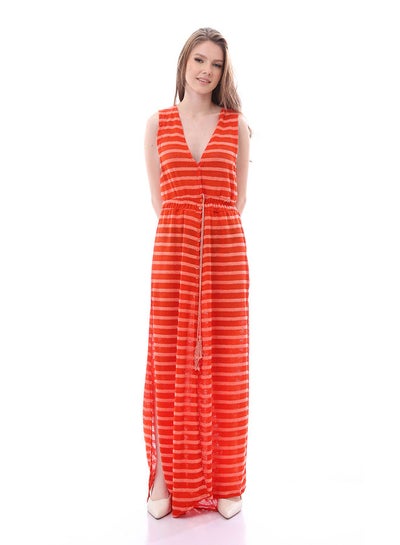 Buy Summery Stripes Deep V-Neck Orange & Simon Dress With Slits in Egypt