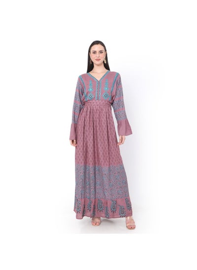 Buy EMBROIDERED AND PRINTED WITH BELT LONG VISCOSE ARABIC JALABIYA DRESS in UAE