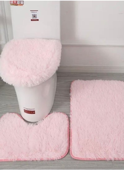 Buy Set of 3pcs Plush Bathroom Bath Mat Anti Slip, Light Pink Color in UAE