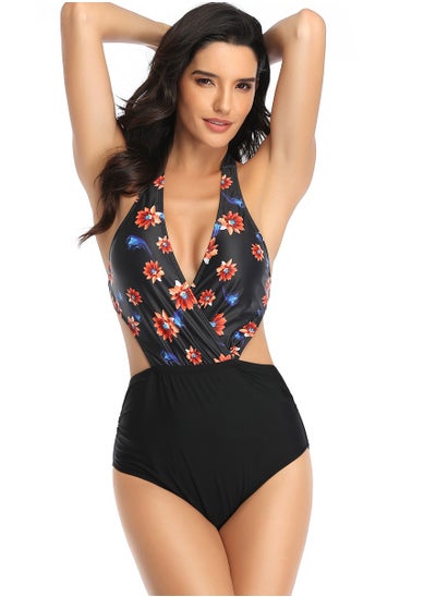 Buy Women's One Piece Swimsuit Hollowed Back And Waist Halter Neck Bathing Suits Black Floral Print in Saudi Arabia