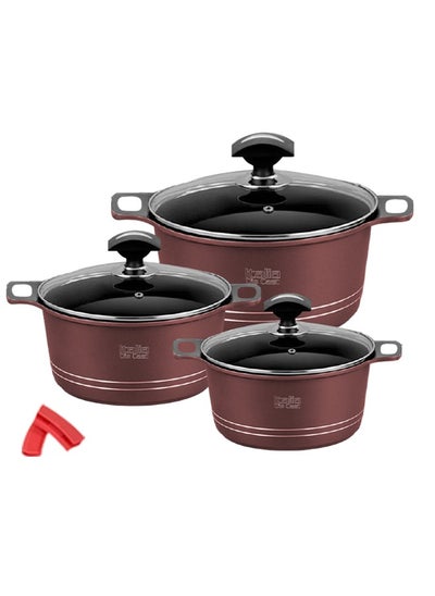 Buy Sonex Diecast Italia Junior Non-Stick Pot Set, 8 Pcs – Glass Lids, Silicone Holders, 20/24/28 cm, Metallic Maroon, Dishwasher Safe, PFOA-Free, Durable Built & Exceptional Heat Distribution for Healthy Cooking in UAE