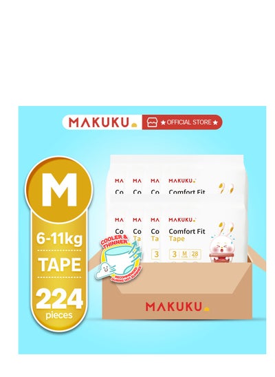 Buy Baby Comfort Fit Tape Diapers | Diapers size 3, Medium | Jumbo pack Suitable for babies over 6-11 Kg and 4-6 Months | 224 Diapers Up to 12 hours of Dryness PH Value <7, Better Fit value pack of 8 in UAE