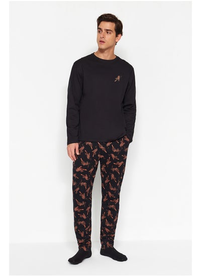 Buy Men's Black Regular Fit Printed Knitted Pajamas Set in Egypt