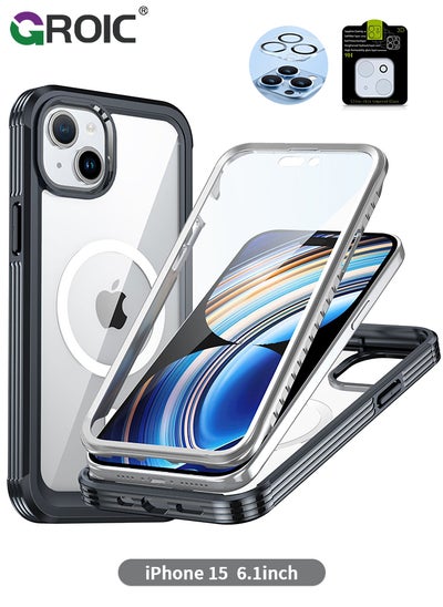 Buy For iPhone 15 Case [Compatible with MagSafe] Full-Body Magnetic Bumper Shell with Built-in 9H Tempered Glass Screen Protector and Camera Lens Protector,Shockproof Bumper Phone Cover in UAE