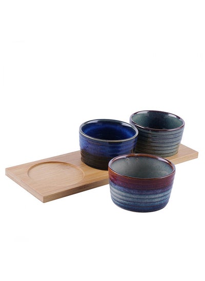 اشتري Ocean Reactive Glaze 3 Piece Chip & Dip Set With Bamboo Tray 34.8X11X1.3Cm   Indigo في الامارات