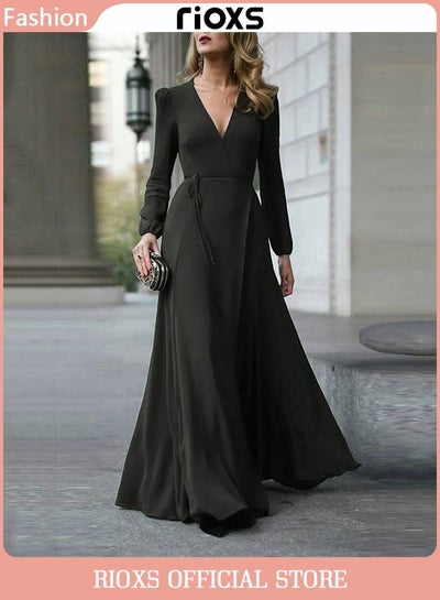 Buy Women's Elegant V-neck Long Dress Long Sleeve Party Wedding Maxi Dress for Special Occasions in UAE