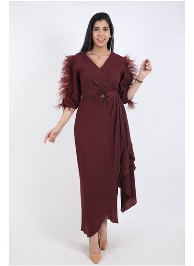 Buy An Elegant Maxi Dress with  a belt on the waist,Maroon in Saudi Arabia