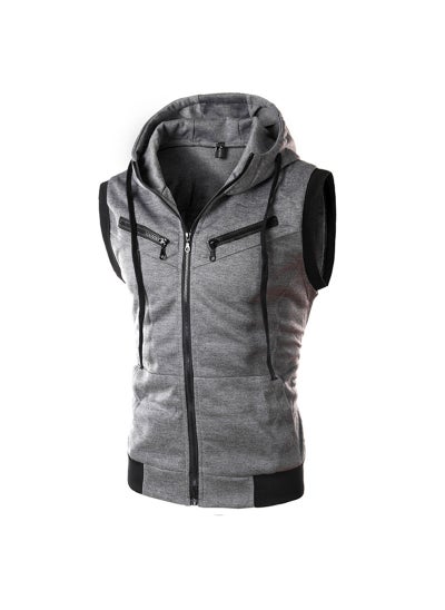 اشتري Slim-Fit Knitted Vest Sleeveless Hooded Sweater Male Student Zipper Spring and Autumn Hooded Sweater Cut-Sleeve VestDark gray Dark gray في السعودية