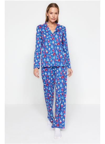 Buy Blue 100% Cotton Christmas Themed Shirt-Pants and Knitted Pajamas Set THMAW24PT00054 in Egypt