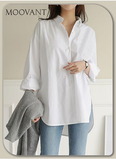 Buy Women's Comfortable Lapel Shirt for Daily Commute, Single-Breasted Long Sleeve Top, with Simple Solid Color Design and Loose Fit, White in Saudi Arabia