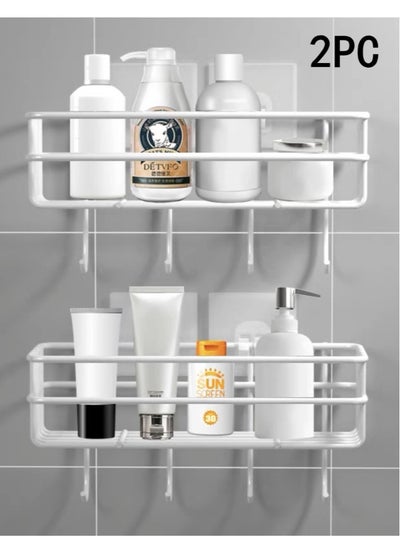 اشتري 2-Piece Bathroom Rack Shower Shampoo Organizer Wall Mounted Storage Rack And Hooks White 27x10x10 Centimeter في الامارات