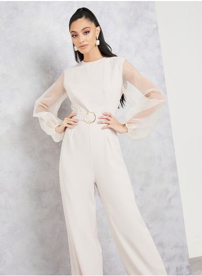 اشتري Organza Sleeves Belted Wide Leg Jumpsuit في السعودية