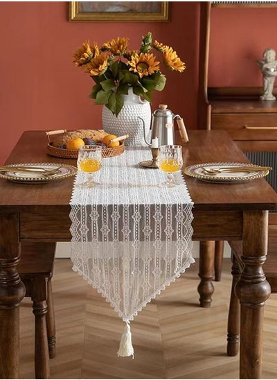 اشتري 1-Piece Simple Lace Hollowing Pointy Tail Tassel Table Cloth Flag Suitable For Dining Table/Side Cabinet 30 x 180 cm في الامارات