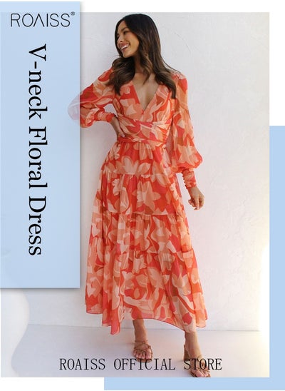 Buy Ladies Dress A-Line Long Sleeves Big Hem Floral Pattern Print Bright Color Dress in UAE