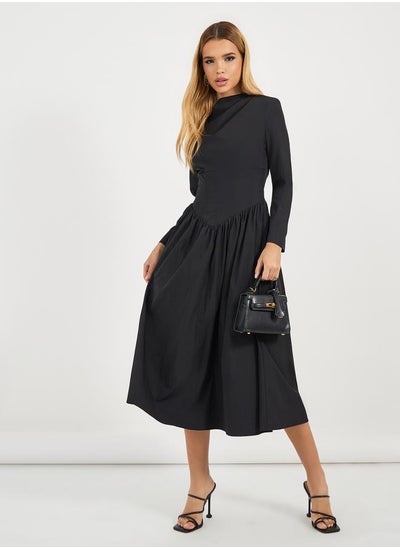 Buy Pleated Drop Waist Detail A-Line Midi Dress in Saudi Arabia