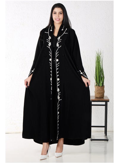 Buy Black abaya decorated with white embroidery on the front in Saudi Arabia